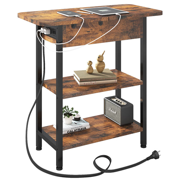 End Table with Charging Station, Flip Top Side Table with USB Ports and Outlets