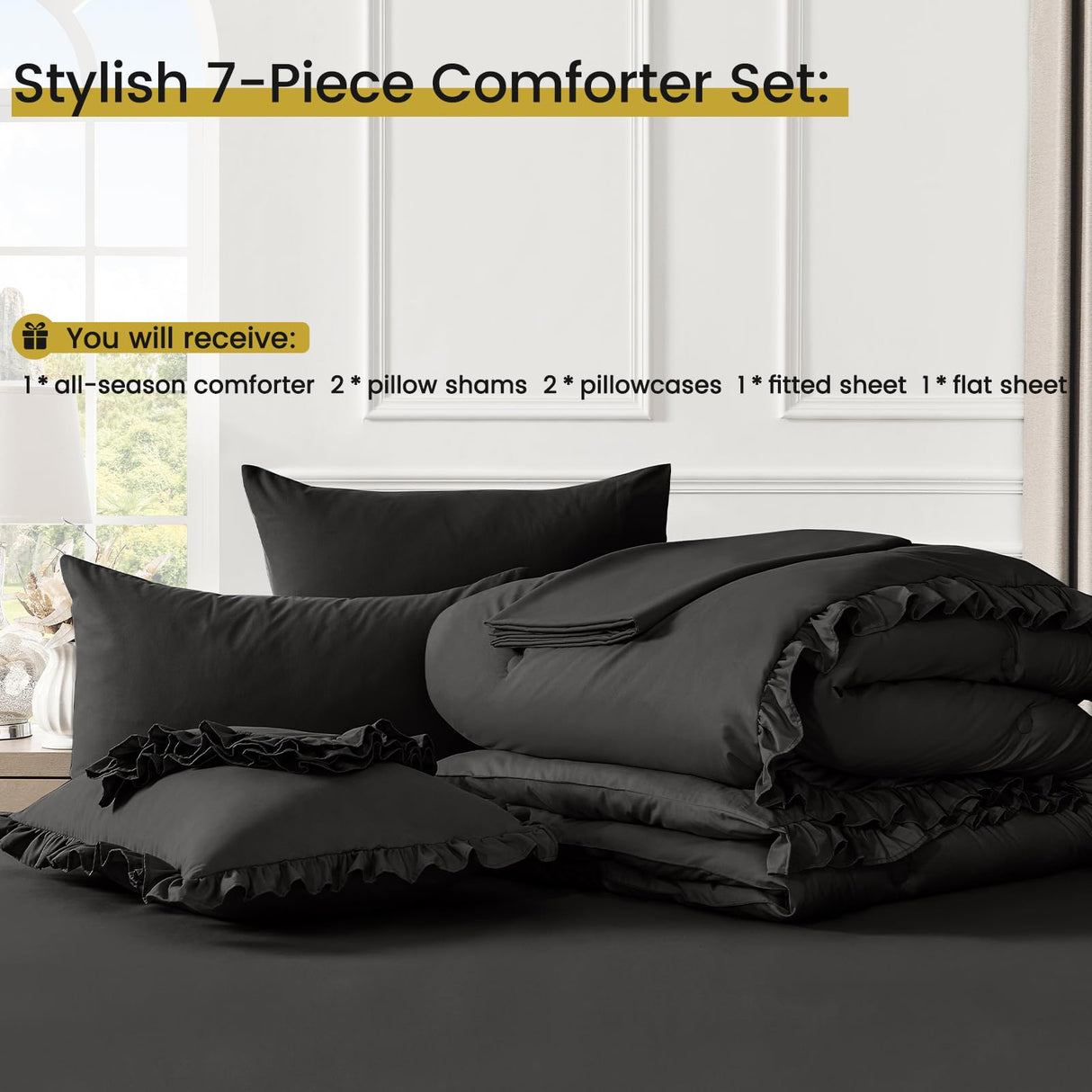 Queen Bed in a Bag 7 Pieces Comforter Set Queen, Ruffle Bedding Comforter Set Black