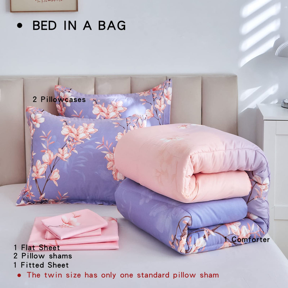 Pink and Light Purple Queen Comforter Set with Sheets, Bed in a Bag 7-Pieces