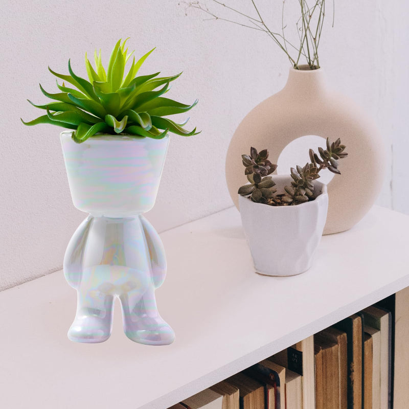 Mini Fake Succulents in Vase, Artificial Plants in White Morden Human Shaped Pot