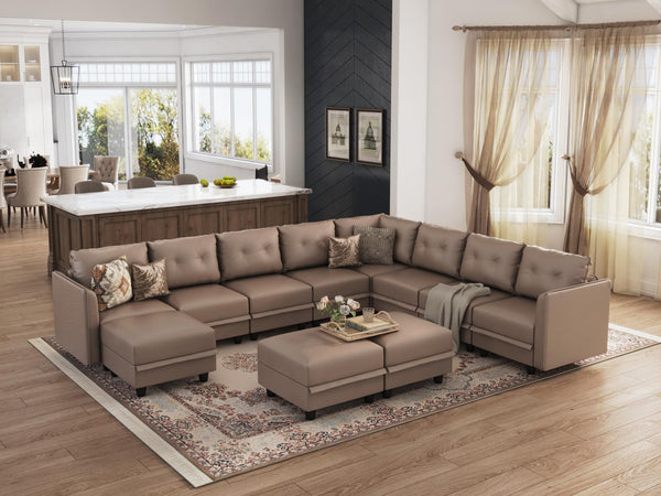 Sofa with Storage Large Faux Leather Fabric Waterproof 11 Seater Sectional Couch