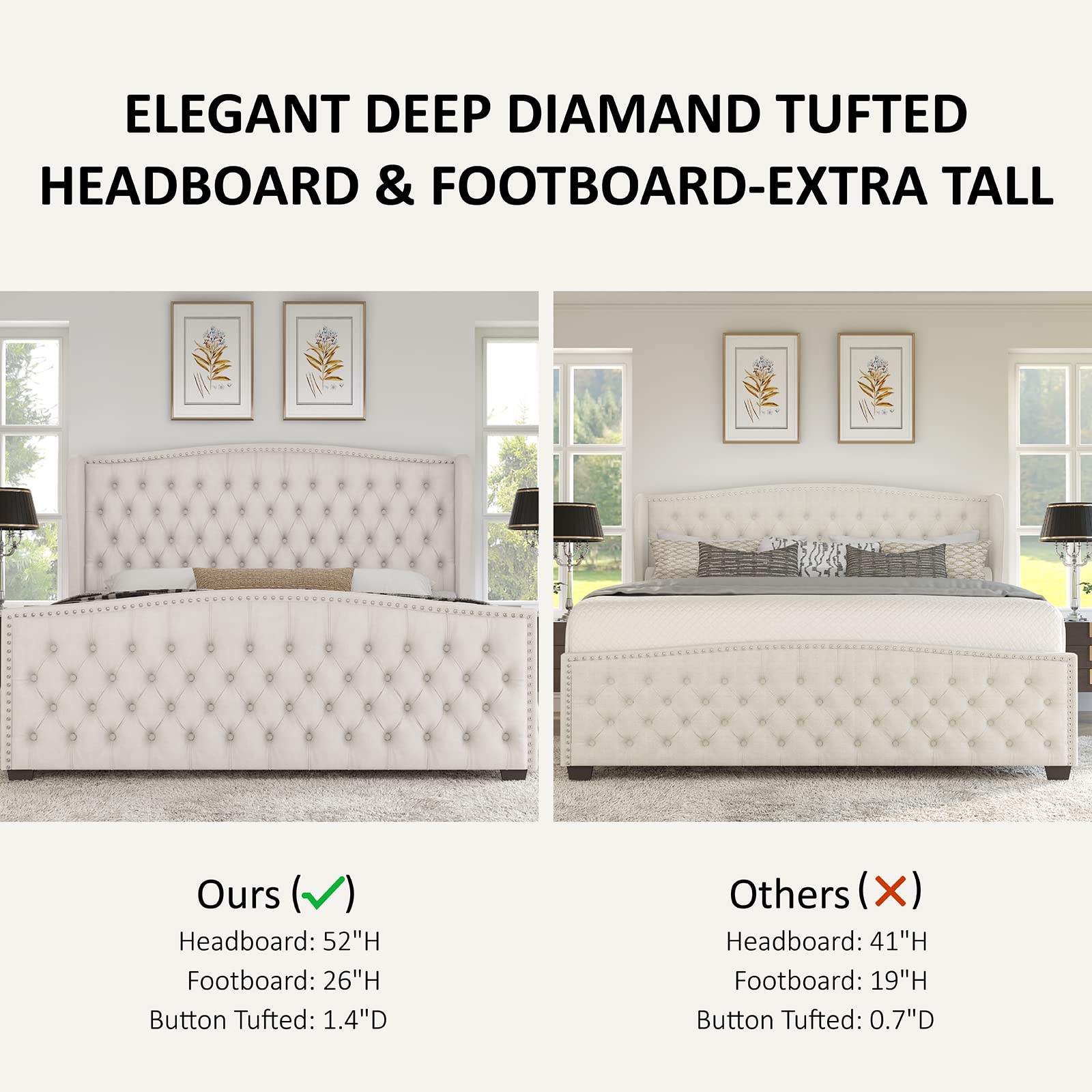 Luxury Velvet Upholstered Platform Bed, Tufted Wingback Headboard