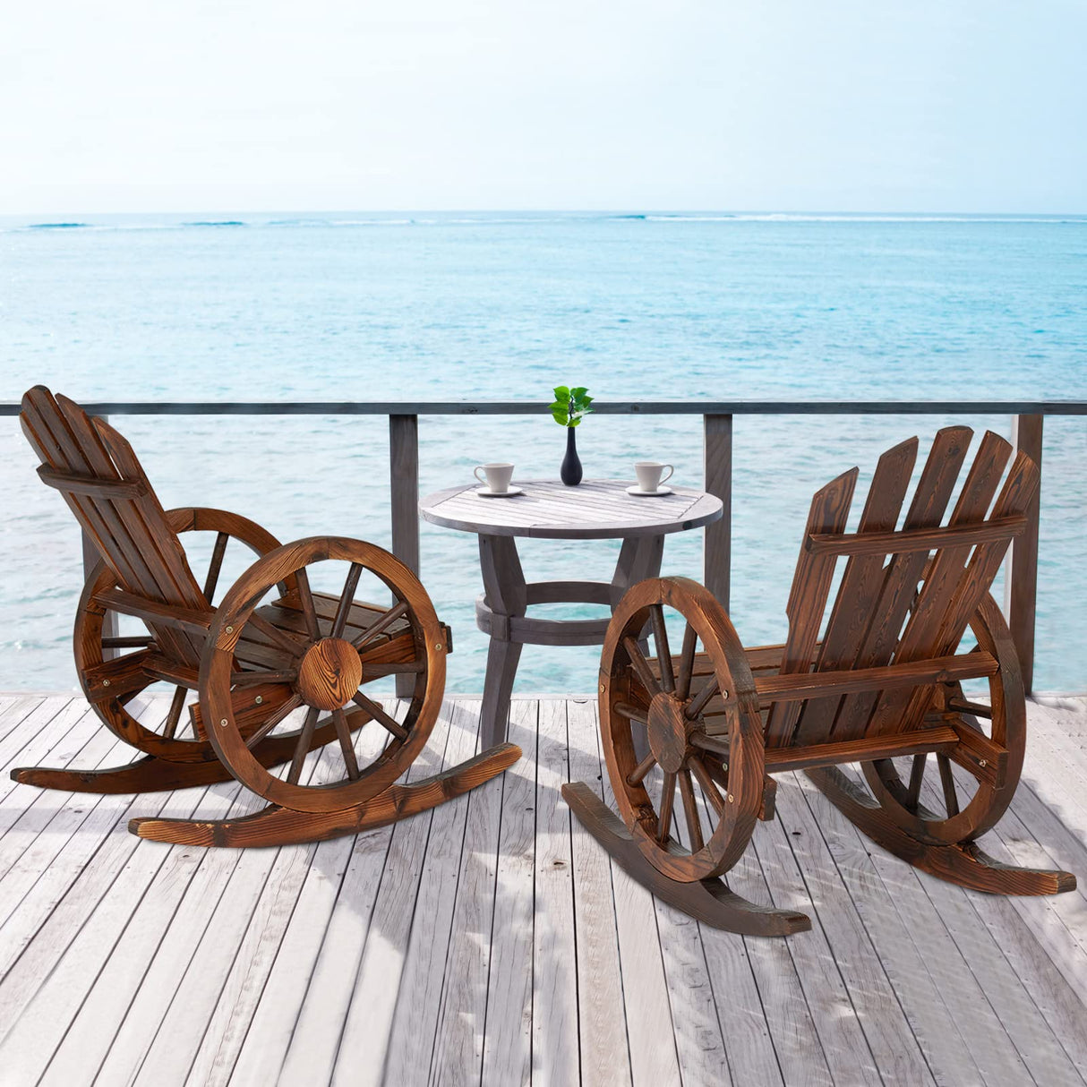 2PCS Wagon Wheel Wood Rocking Chair Outdoor