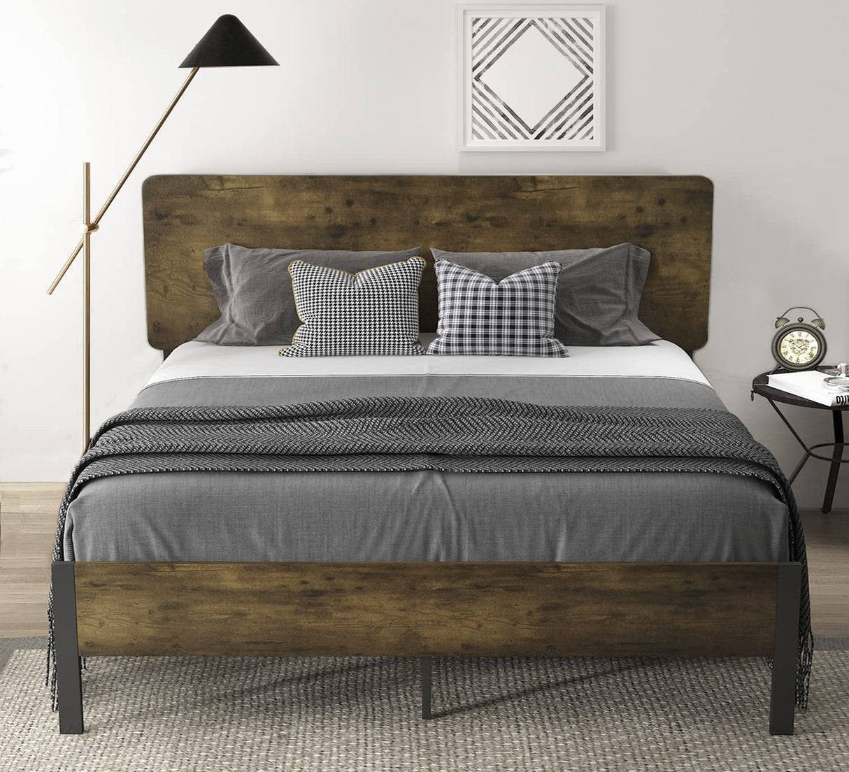 Queen Size Metal Platform Bed Frame with Wooden Headboard and Footboard