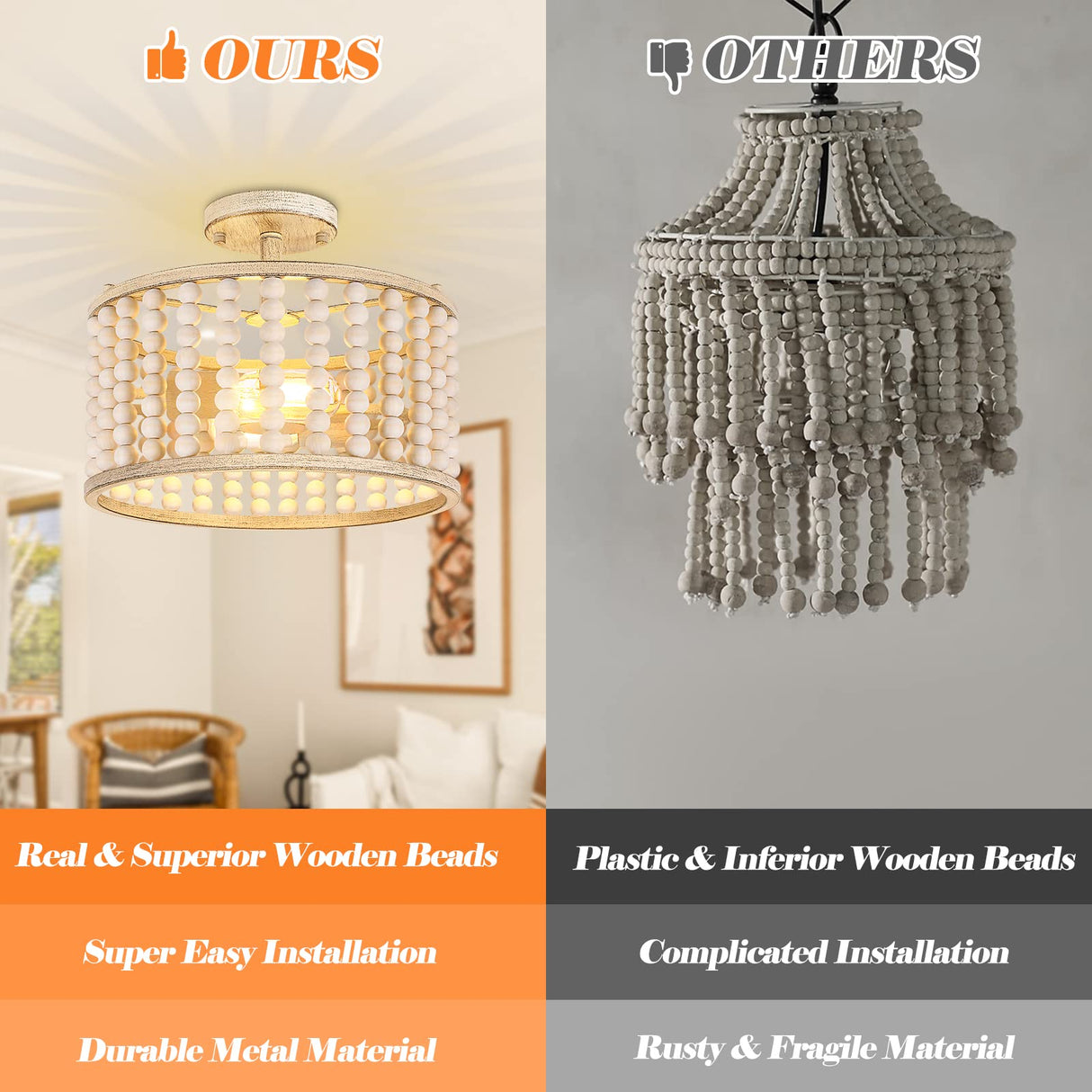 Wood Beaded Chandelier - Boho Ceiling Lights