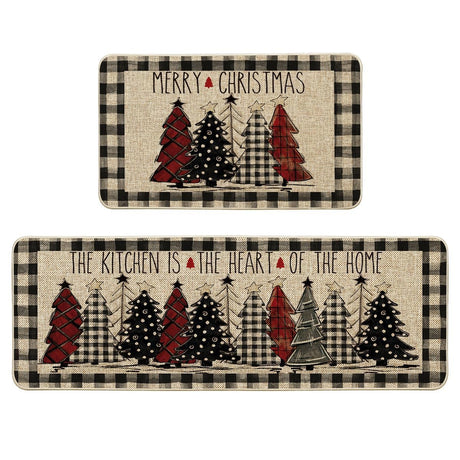 Buffalo Plaid Xmas Tree Merry Christmas Kitchen Mats Set of 2