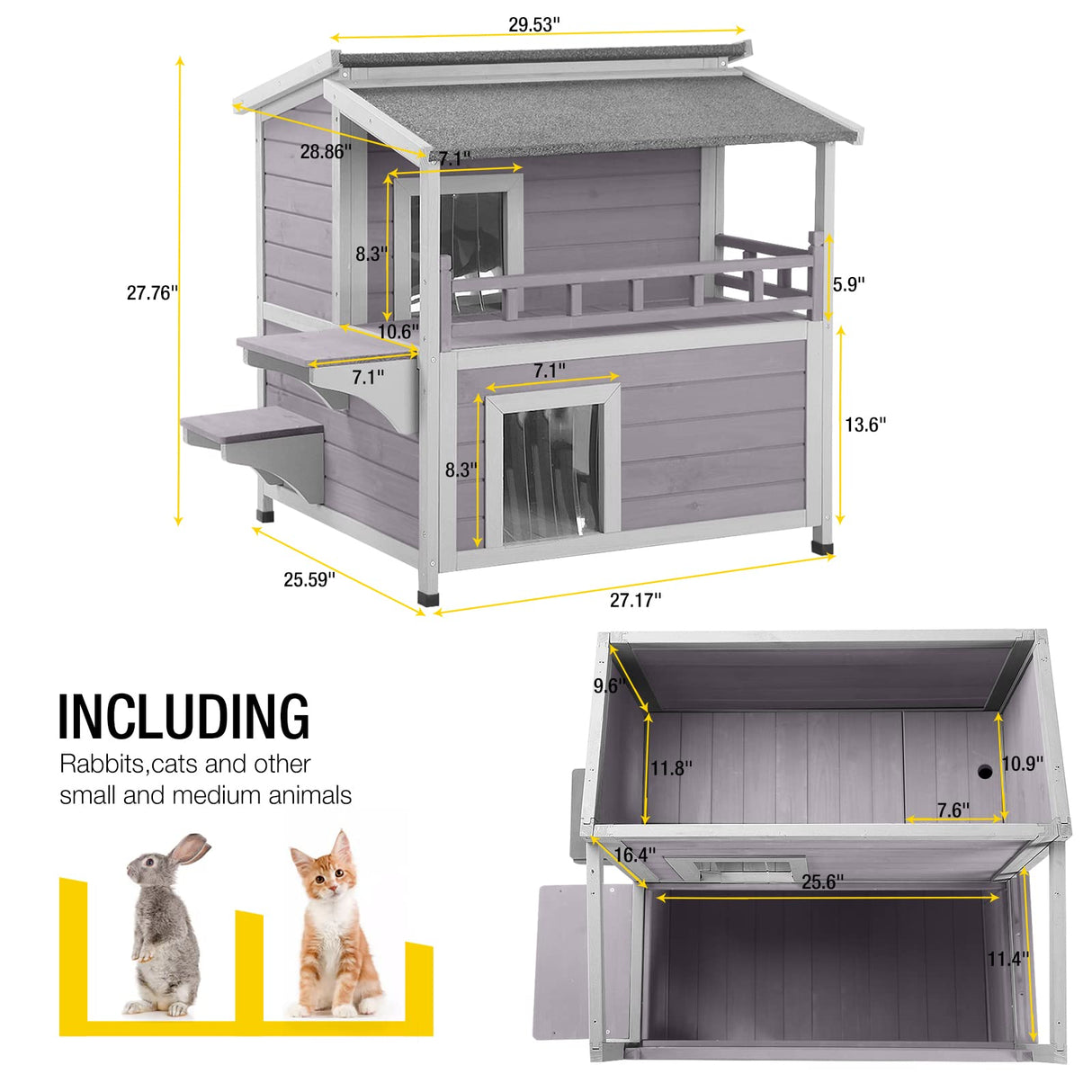 2 Story Cat House Enclosure with Large Balcony, Indoor Cat Condo Outdoor Cat Shelter