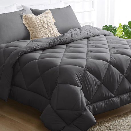 Dark Grey Queen Comforter Set, Reversible Bed in a Bag Bedding Set for All Seasons