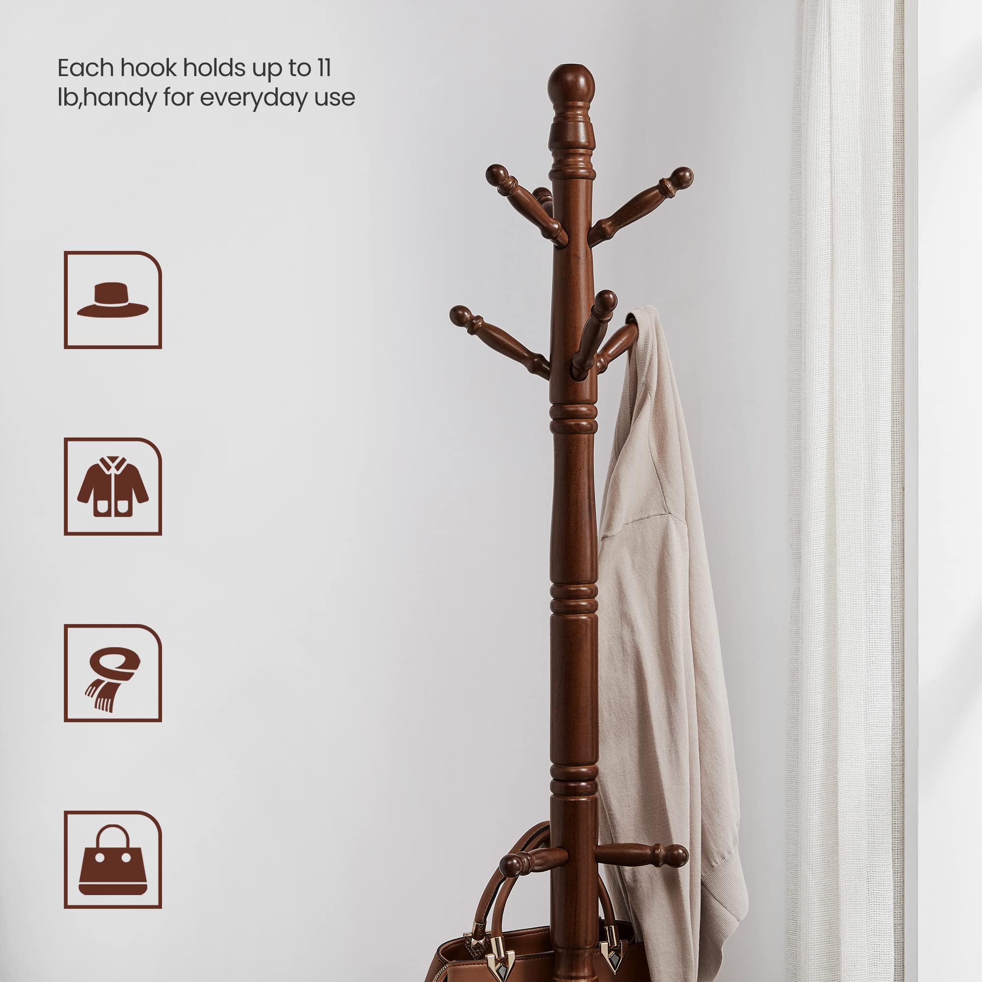 Solid Wood Coat Rack/Stand, Free Standing Hall Coat Tree with 10 Hooks