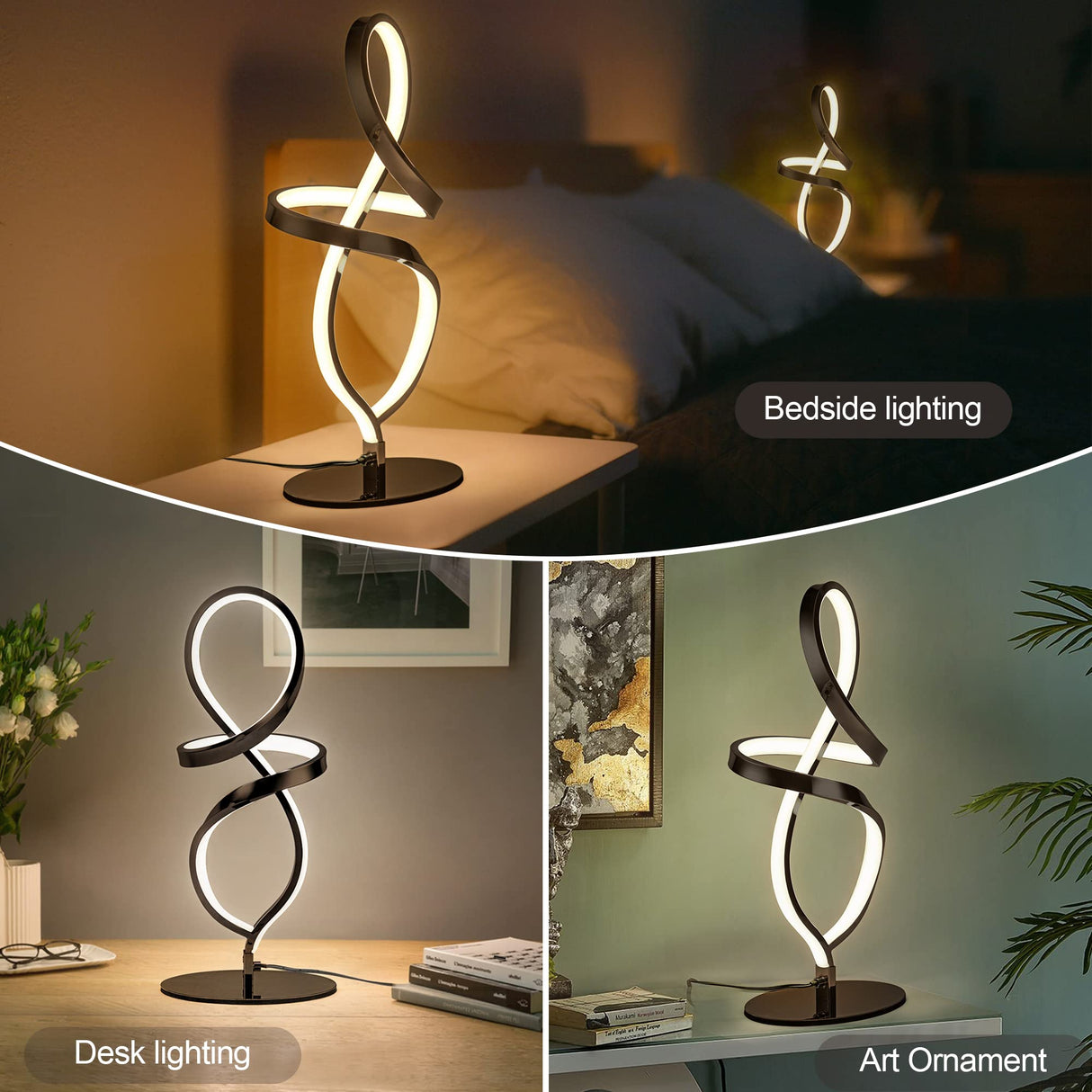 Modern Table Lamp, LED Spiral Lamp, Black Bedside Lamp with Stepless Dimming Switch