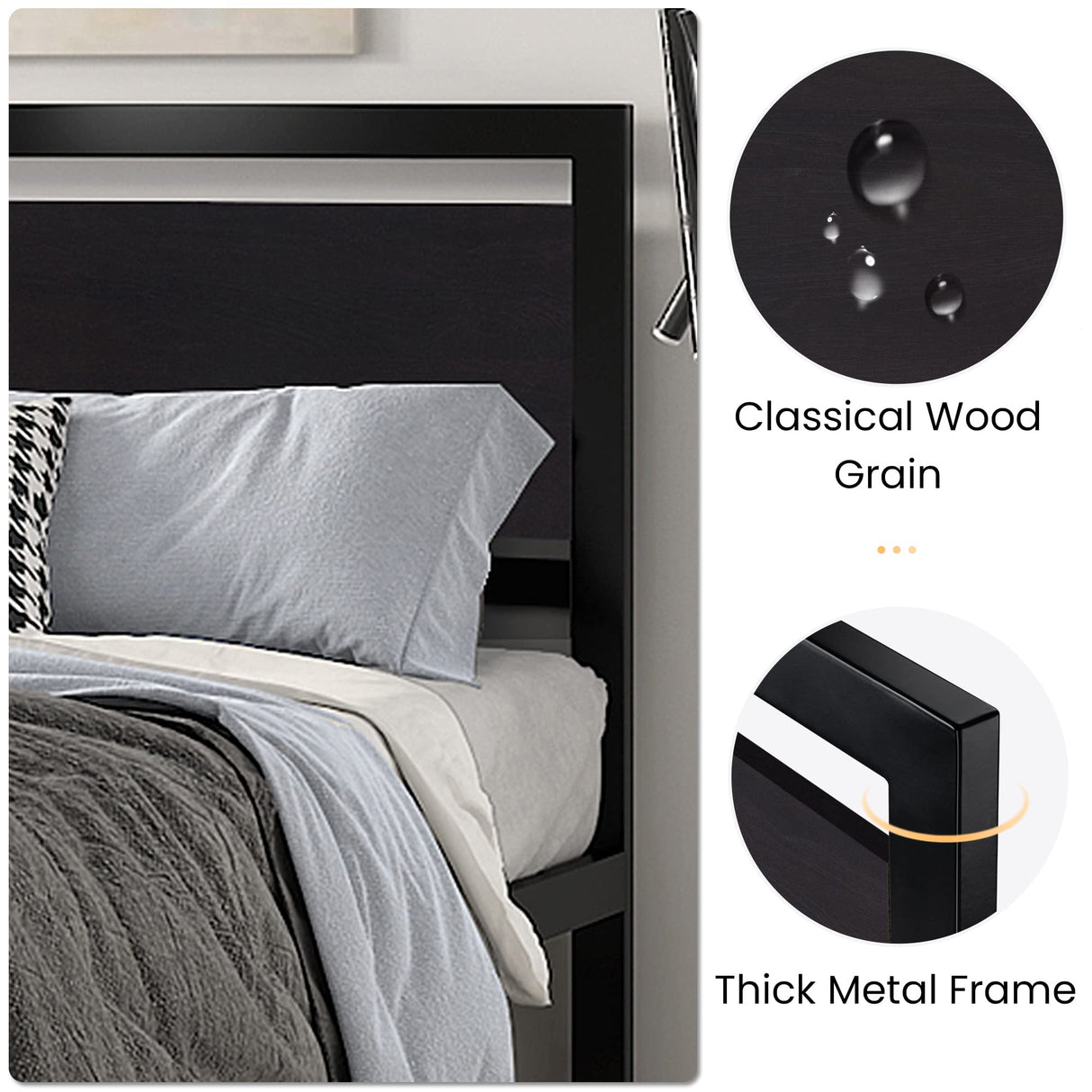 Bed Frame with Modern Wooden Headboard/Heavy Duty Platform Metal Bed Frame