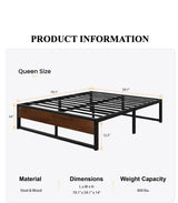 14'' Queen Size Metal Platform Bed Frame with Rustic Wood & Reverse Holes/Ample Under