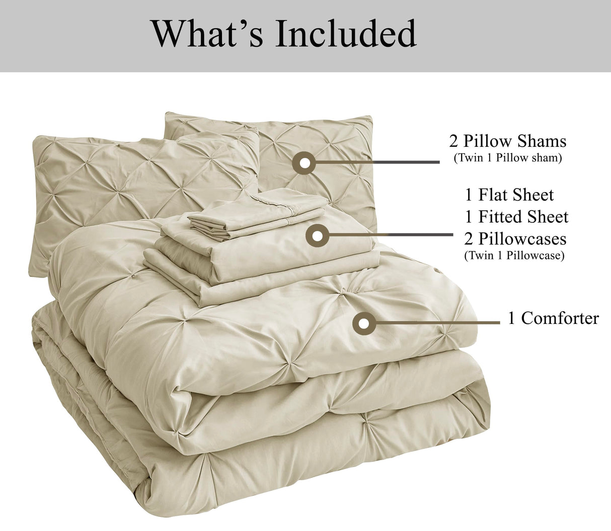 Queen Comforter Set – 7 Piece Bed in a Bag – Pinch Pleated Queen Size Bedding Set