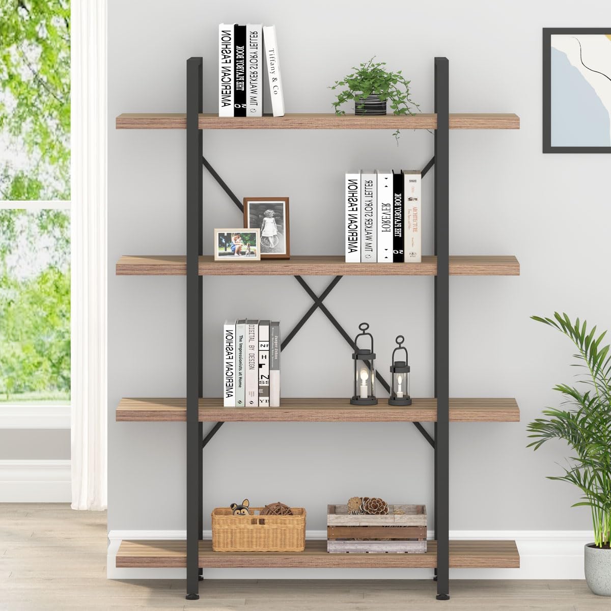 Industrial 4 Tier Bookshelf, Modern Metal and Wood