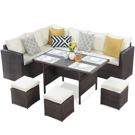 Patio Furniture Set, 7 Piece Outdoor Dining Sectional Sofa with Dining Table and Chair