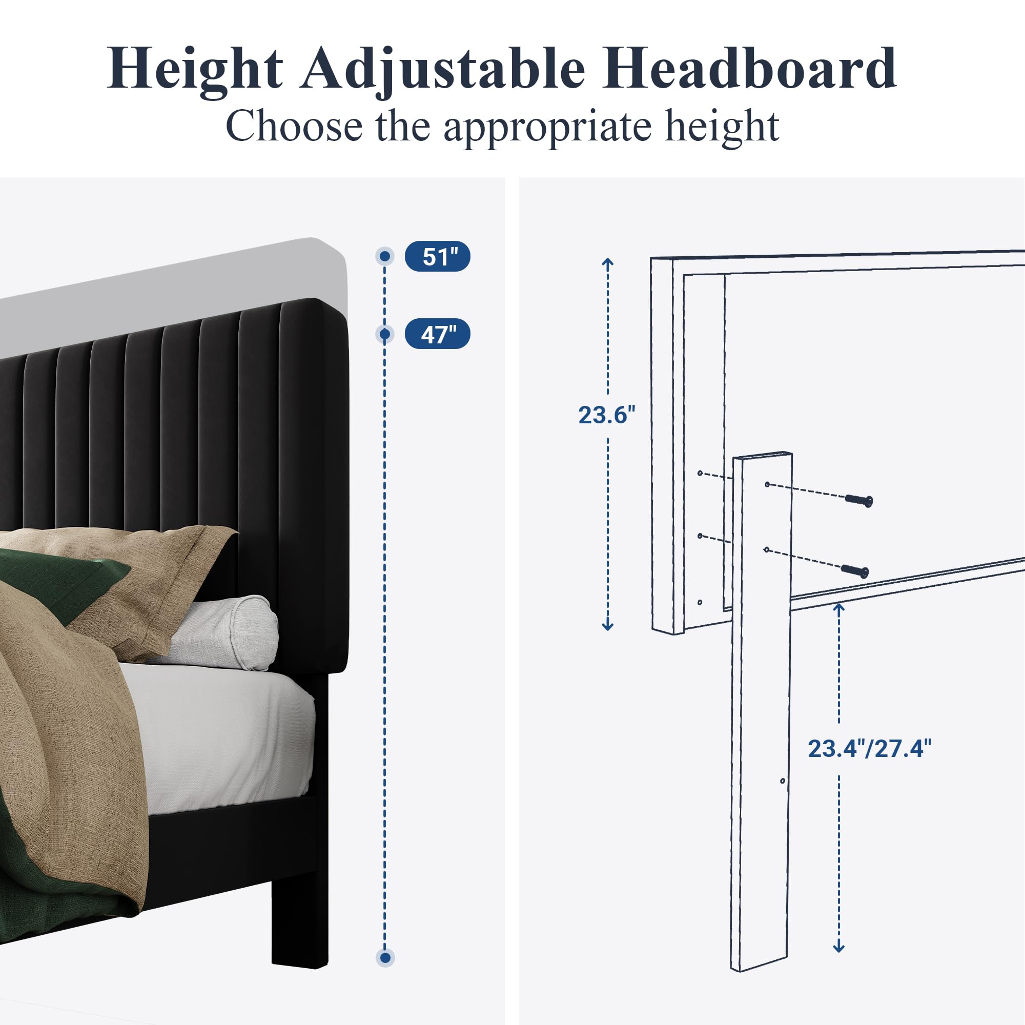 King Bed Frame, Velvet Upholstered Platform Bed