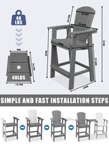 Tall Adirondack Chairs Set of 2, Balcony Chair with Connecting Tray