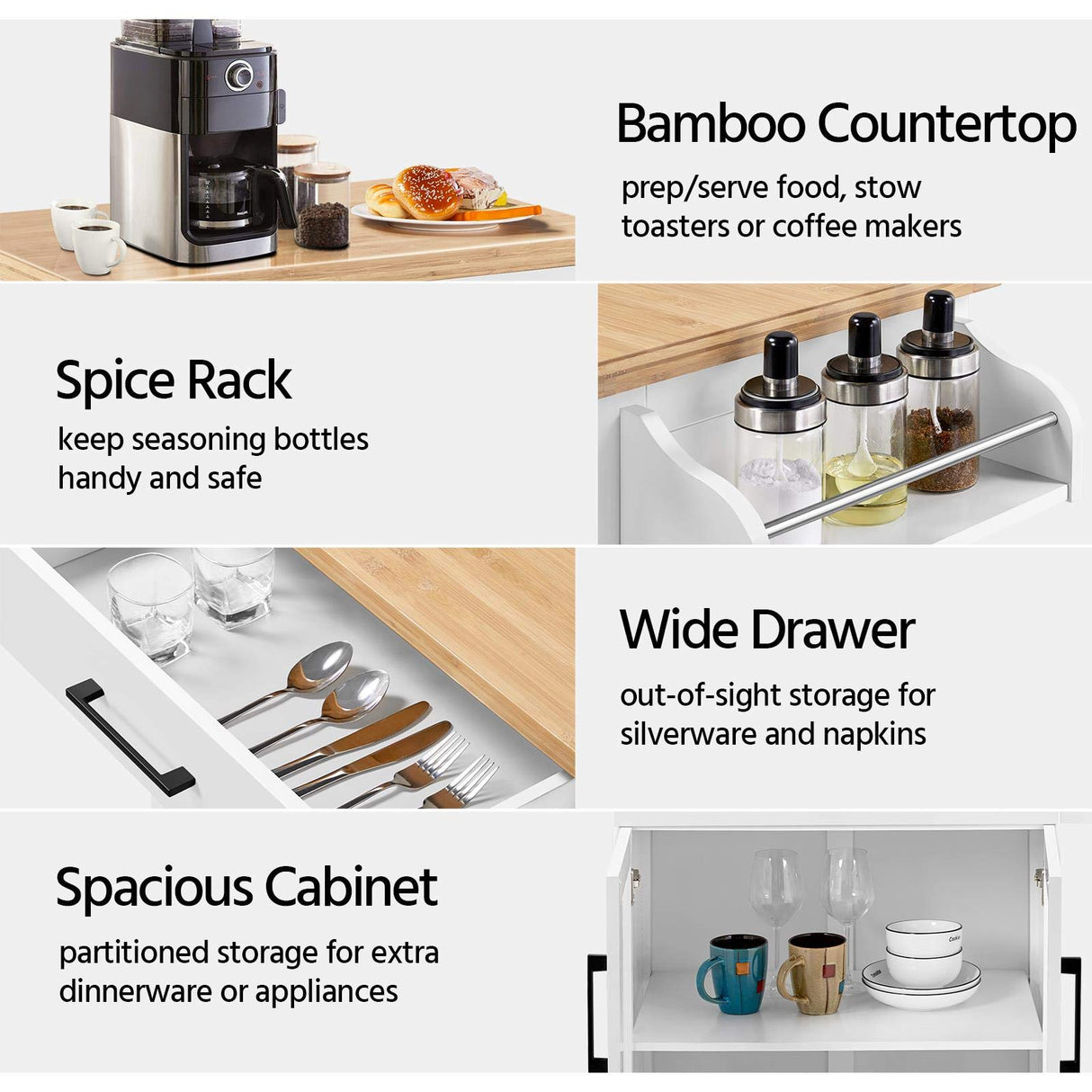 Kitchen Cart with Spice Rack Towel Holder, Kitchen Island Bamboo Tabletop