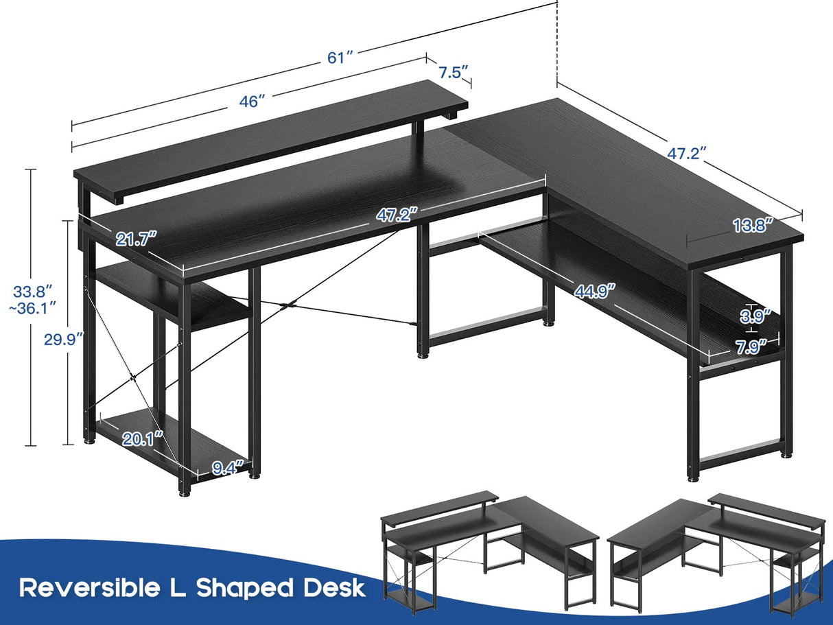 Corner Computer Desk, 61" Reversible L Shaped Desk