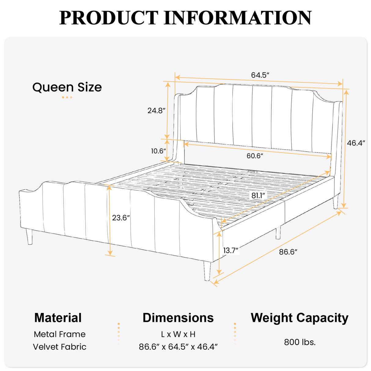 Upholstered Queen Size Bed Frame with Modern Curved Velvet Wingback Headboard