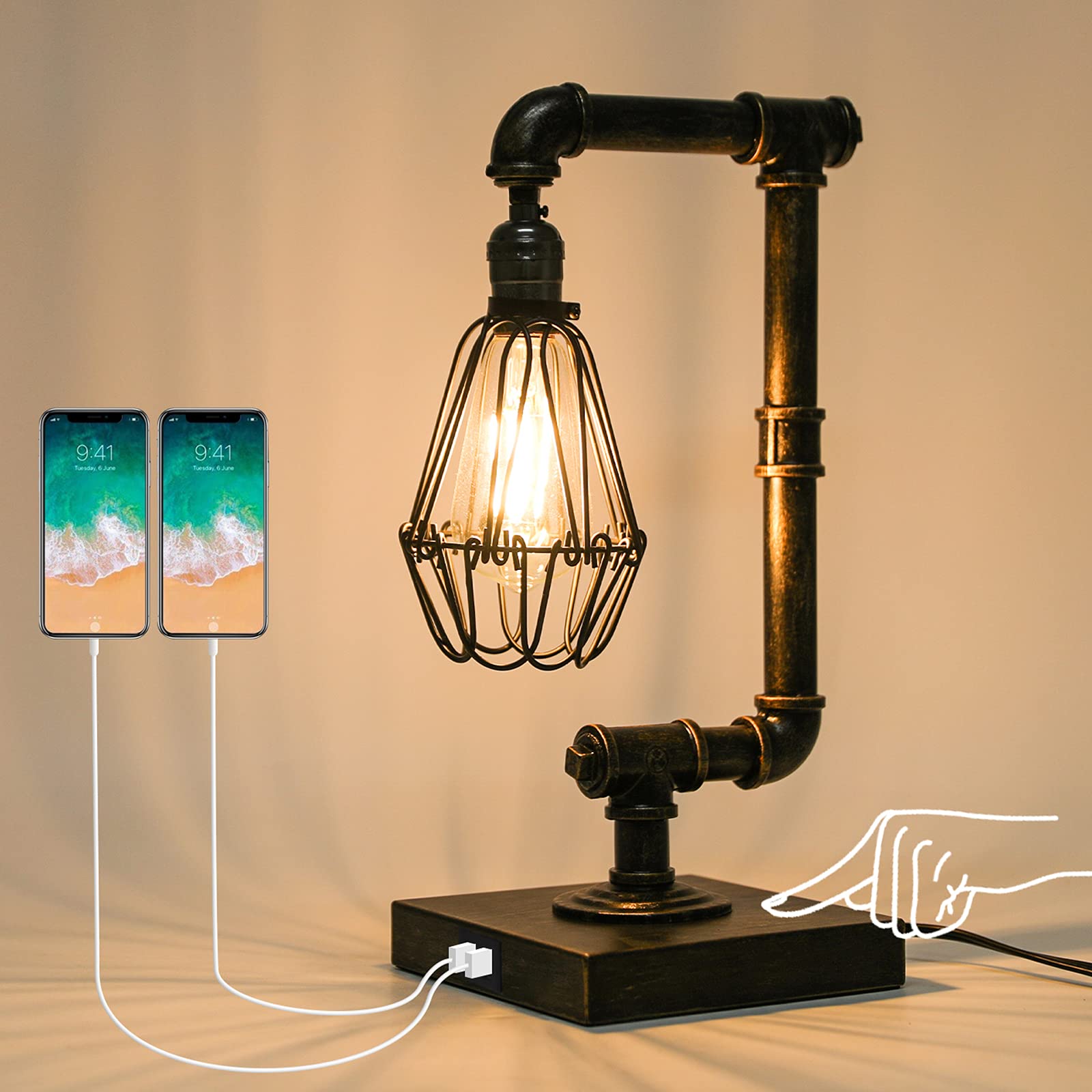 Steampunk Table Lamp, Industrial Desk Lamp with USB Ports