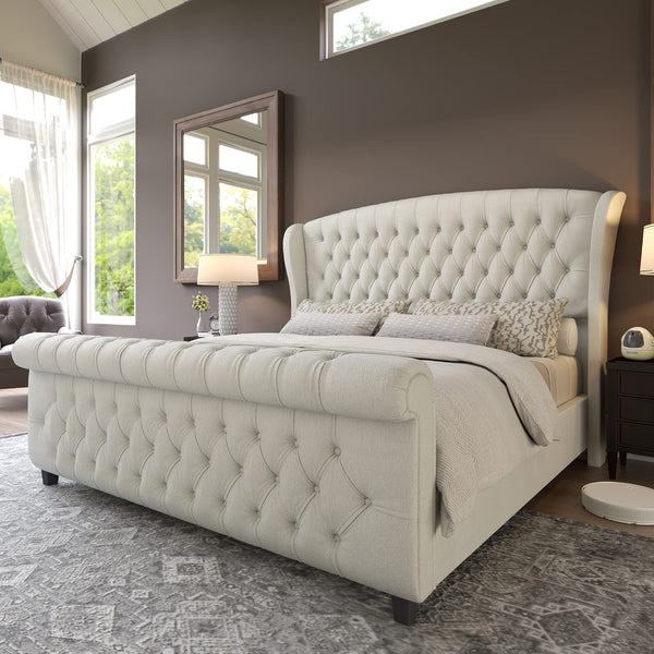 Queen Size Platform Bed Frame, Chenille Upholstered Sleigh Bed with Scroll Wingback Headboard & Footboard