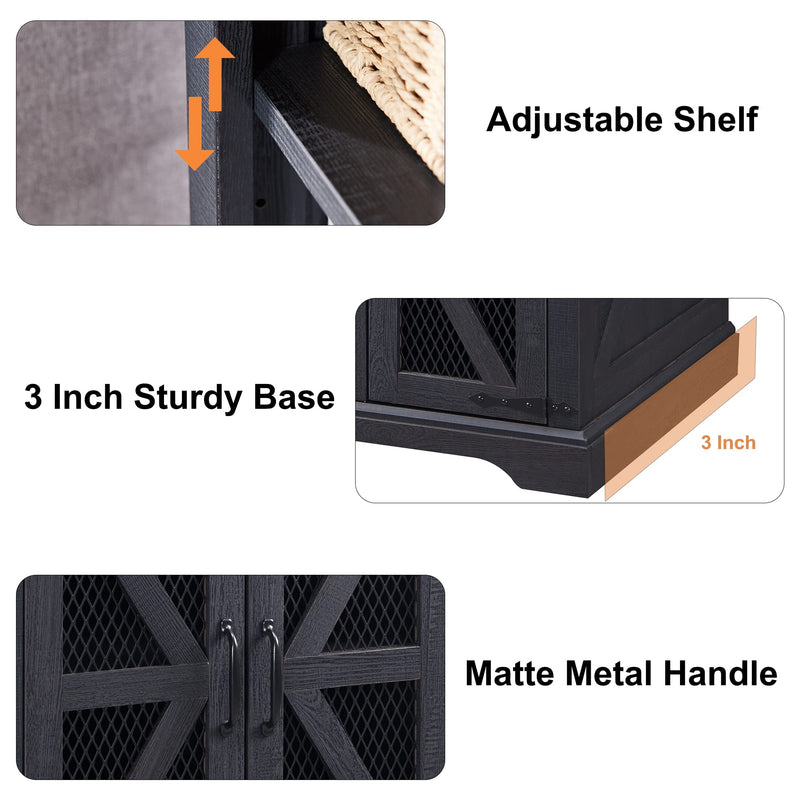 Farmhouse End Table, 24" Large Sofa Side Table with Charging Station, Mesh Barn Door, and Adjustable Storage Shelf