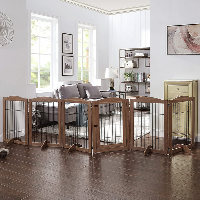 Extra Wide Dog Gate and Pet Playpen, Free Standing Tall Dog Fence with Walk Through Door