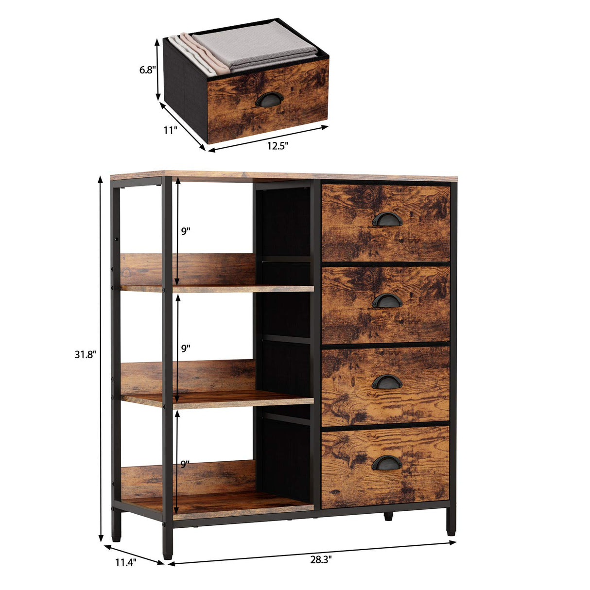 Fabric Dresser with 4 Drawers and Side Shelf,Industrial Lightweight Storage Unit Organizer