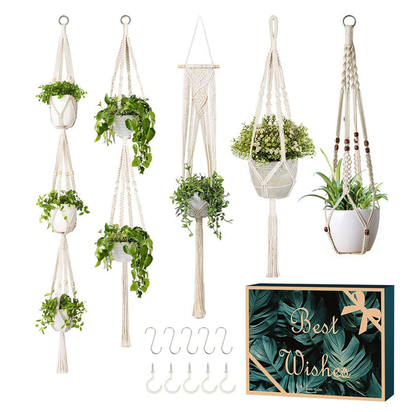 5 Packs Macrame Plant Hangers with 5 Hooks, Different Tiers, Handmade Cotton Rope