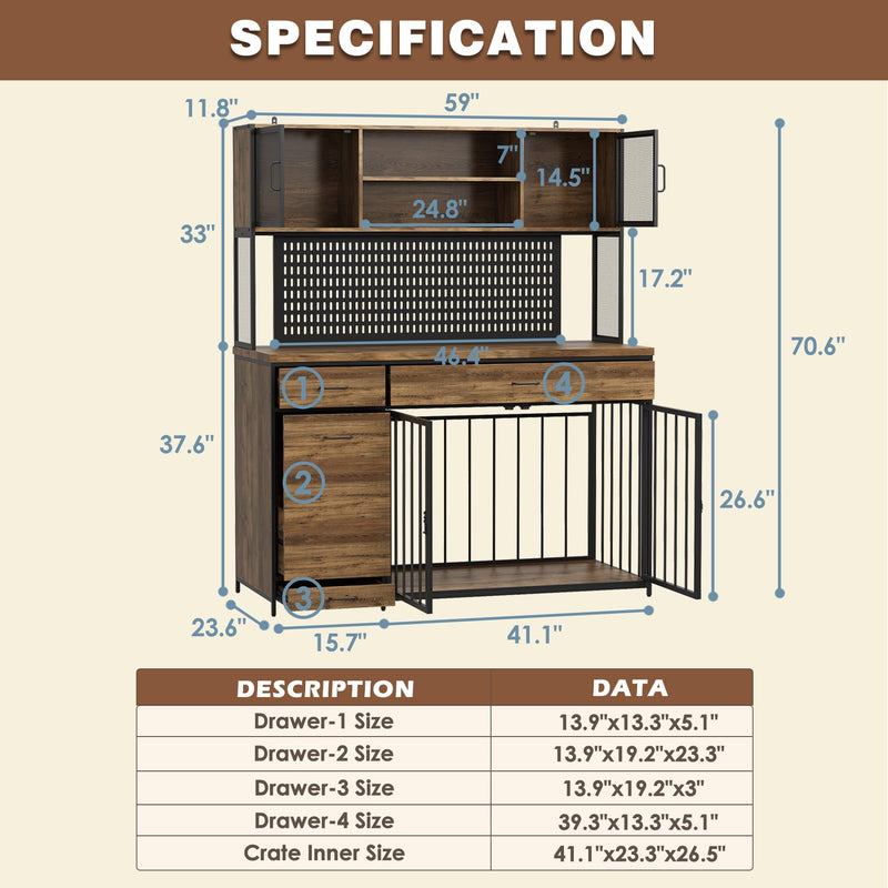 Large Dog Crate Furniture with Storage, Wooden Dog Crates Kennel Furniture Kitchen