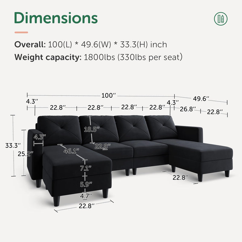 U Shaped Sectional Couch Velvet 4 Seater Sofa