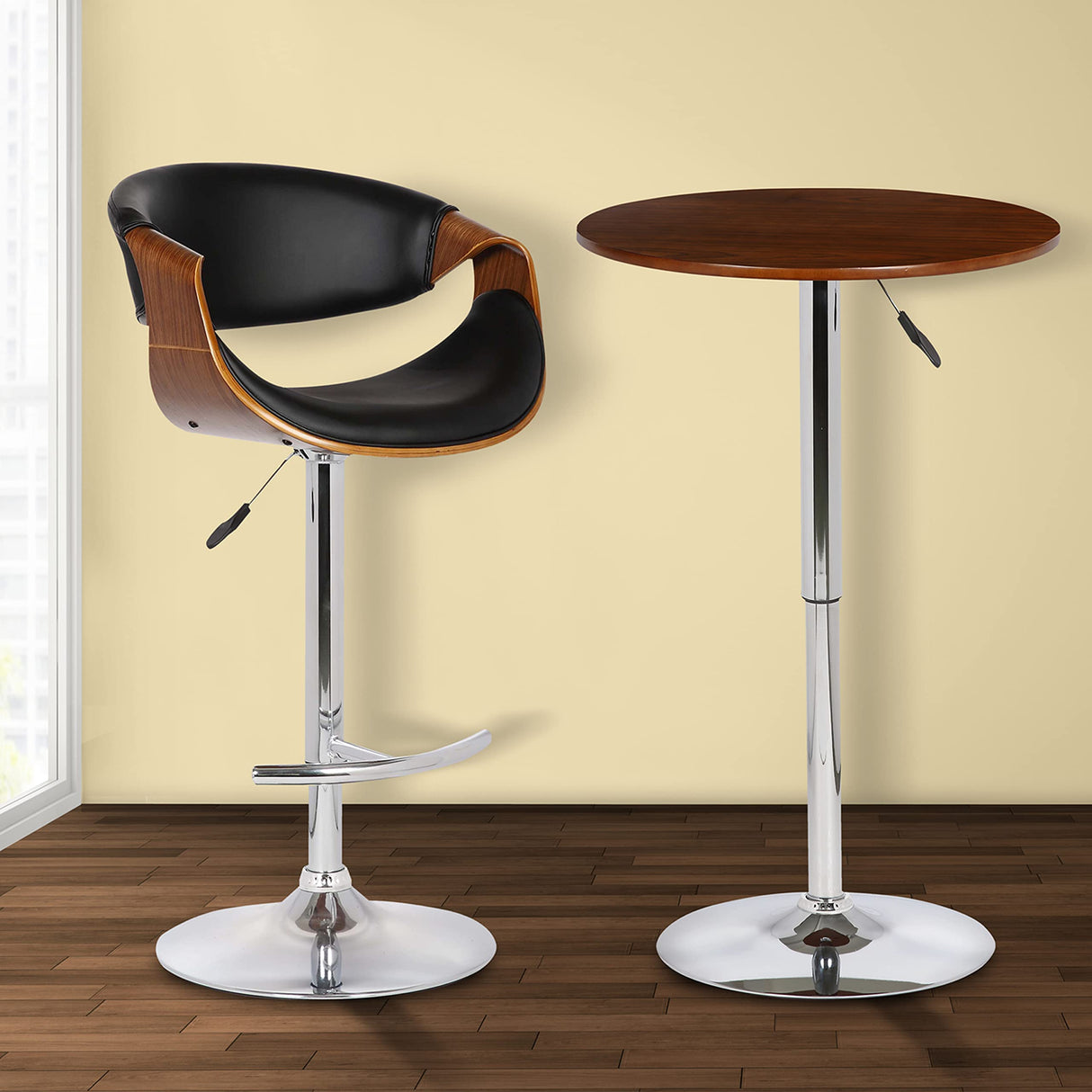 Butterfly Swivel Adjustable Barstool in Black Faux Leather and Walnut Wood Finish