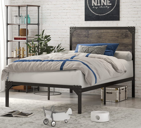 Twin Size Metal Platform Bed Frame with Wood Headboard, Mattress Foundation