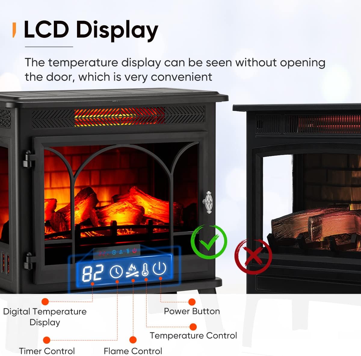 Electric Fireplace Stove with Visible Control Panel and Remote
