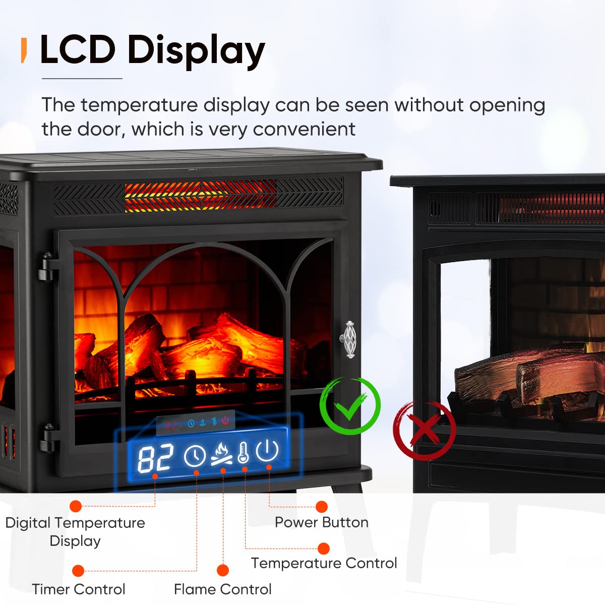 Electric Fireplace Stove with Visible Control Panel and Remote
