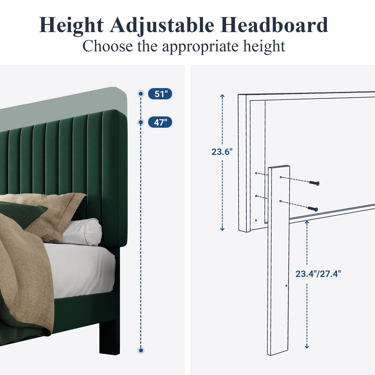 King Bed Frame, Velvet Upholstered Platform Bed with Adjustable Vertical Channel