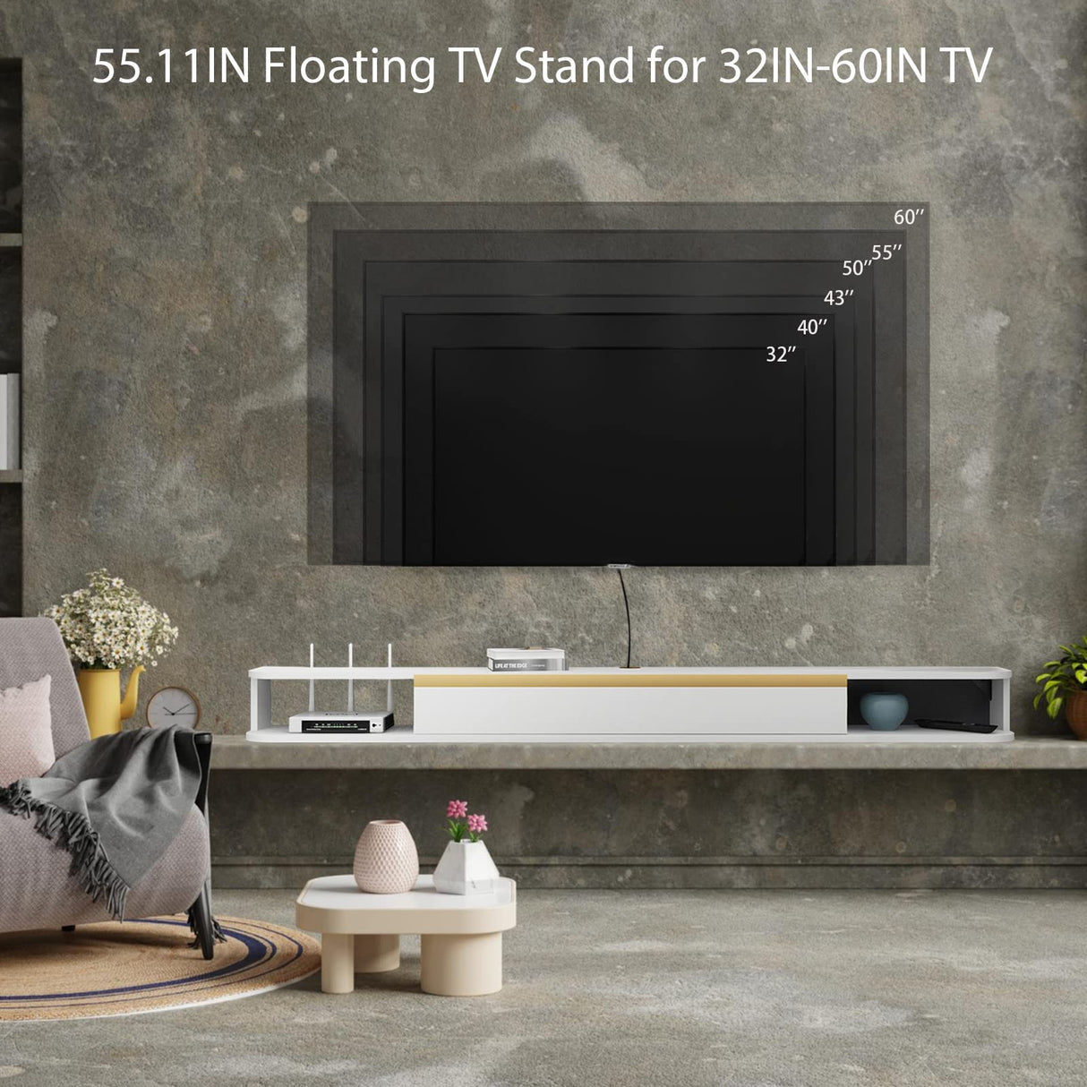 Floating TV Unit, 55'' Wall Mounted TV Cabinet, Floating Shelves with Door