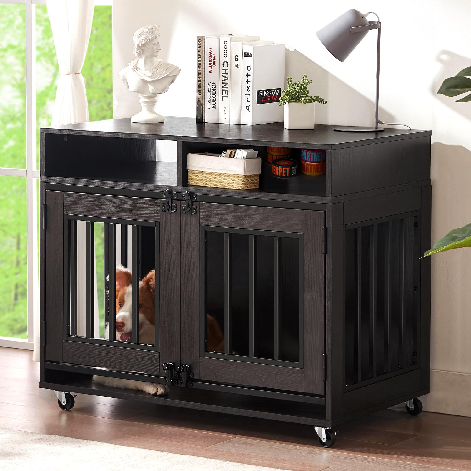 Dog Crate Furniture, Wooden Dog Crate Table, Decorative Dog Kennel with 2 Drawers