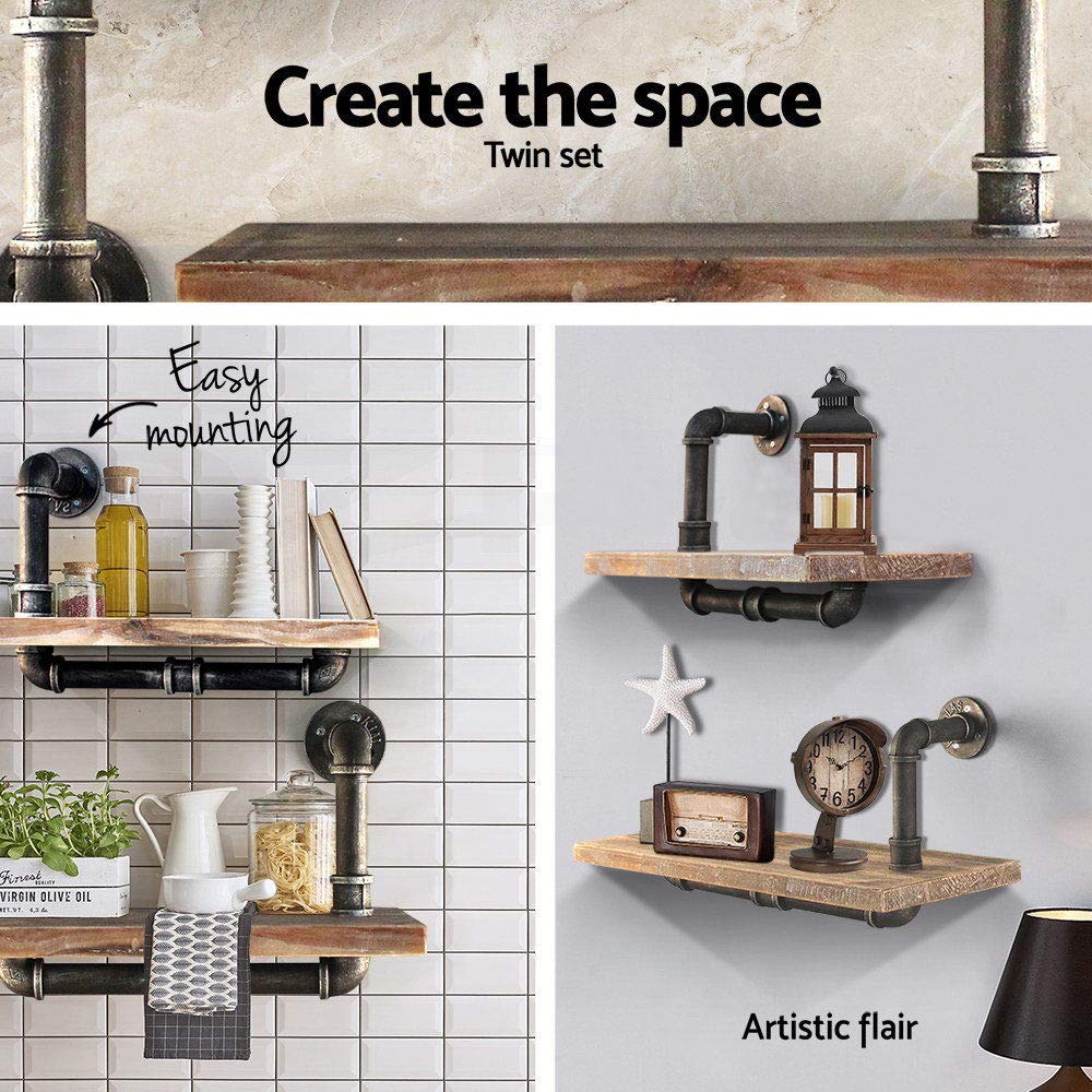 Industrial Pipe Shelf 2 Layer Pipe Design Rustic Wood Ladder Bookshelf DIY Wall Shelving