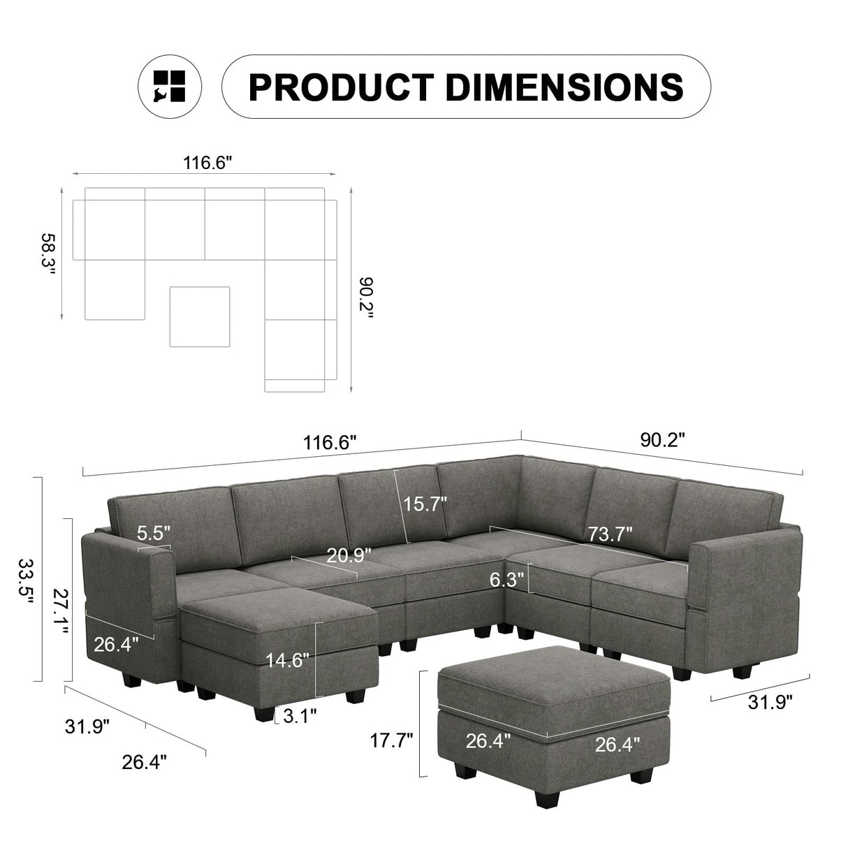 Oversized Modular Sectional Sofa U Shaped Couch Set with Storage Seat Convertible