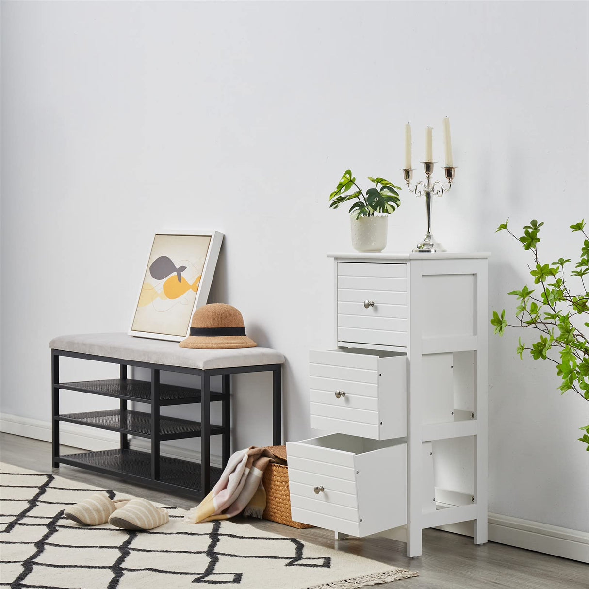 Narrow White Storage Cabinet with 3 Drawers