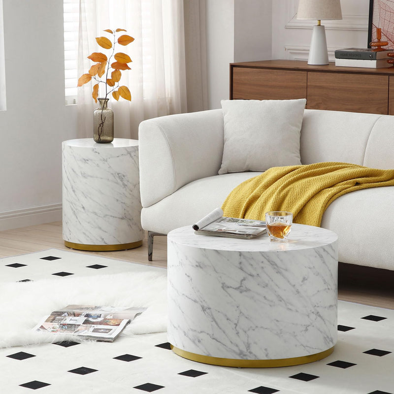 Round Side Table Faux Marble Circle Small Cofffee Table with Gold Rim Bottom
