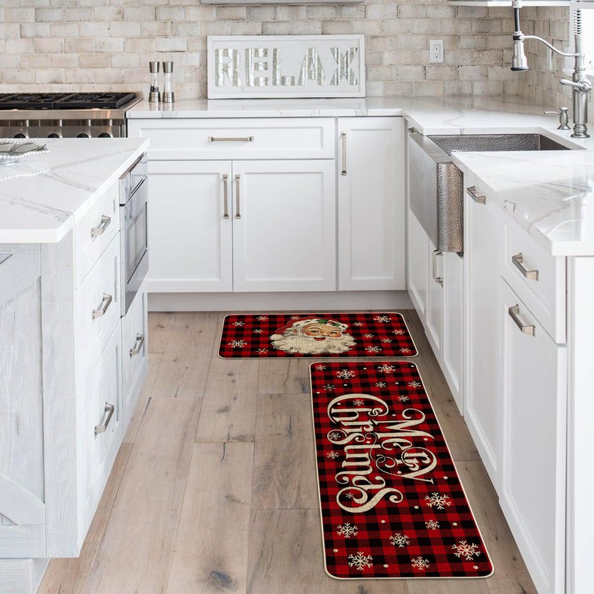 Buffalo Plaid Snow Santa Claus Christmas Kitchen Rugs Set of 2