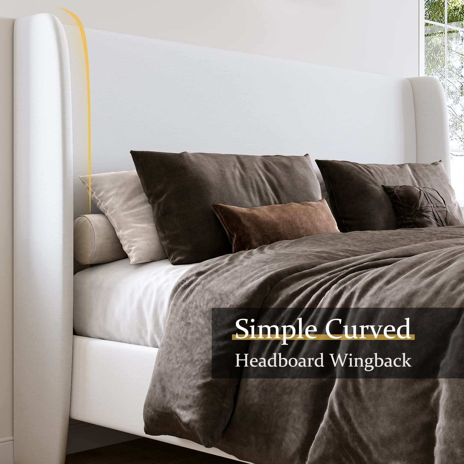 King Bed Frame Upholstered Bed with Wingback Headboard Platform Bed King Size