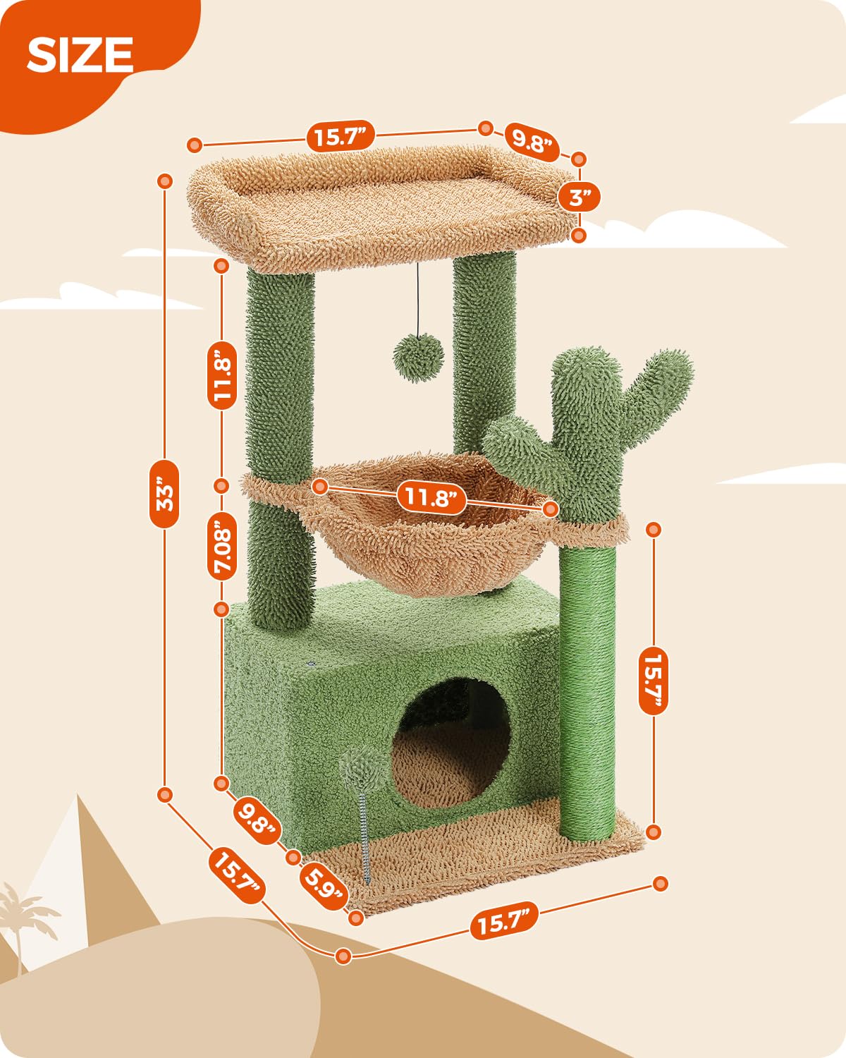 4-in-1 Cactus Cat Tree, 33 Inches Cat Tower for Indoor Cats