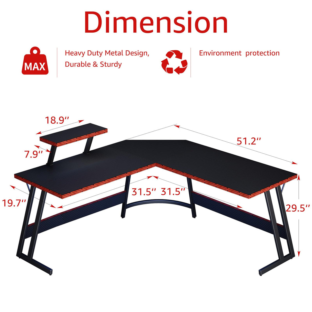 Black L Shaped Gaming Desk - 51 Inch Computer Corner Desks, Carbon Fiber