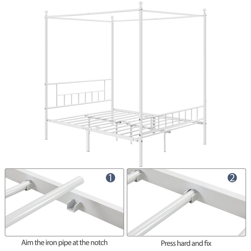 White Four-Poster Canopy Metal Bed Frame with Headboard and Footboard