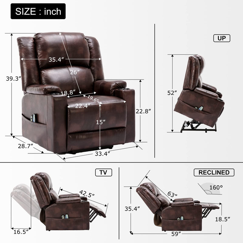 Power Lift Recliner Chairs for Elderly Big Heated Massage Recliner Sofa PU Leather with Infinite Position 2 Side Pockets and Cup Holders