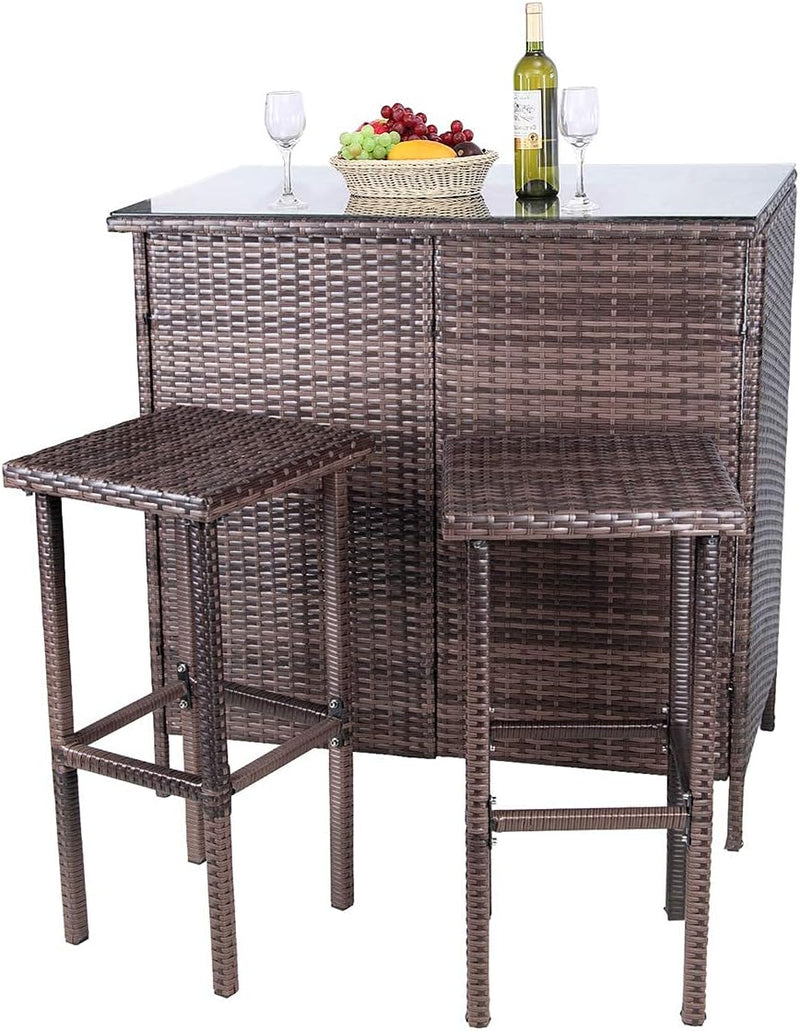 3PCS Patio Bar Set with Stools and Glass Top Table Patio
